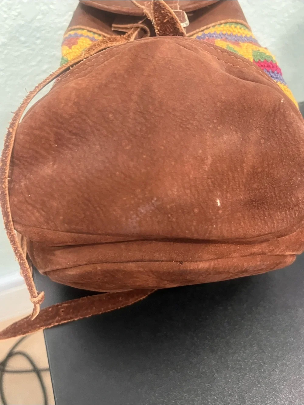 Handcrafted Multicolor Knit & Brown Suede and Leather Women's Small Backpack